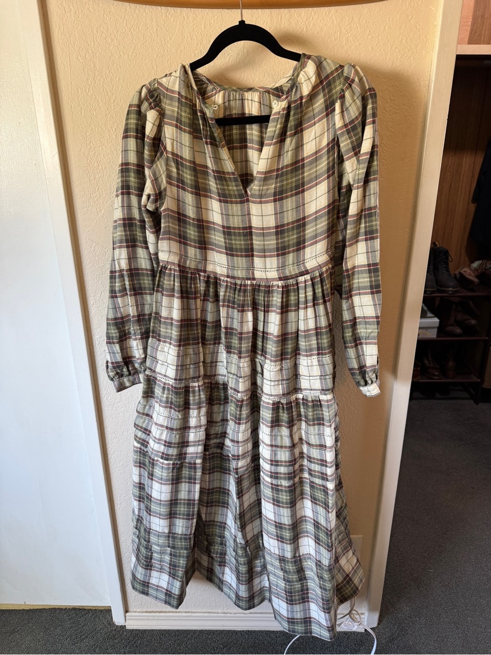 Plaid Tiered Long Sleeve Maxi Dress in Olive and Cream - Women